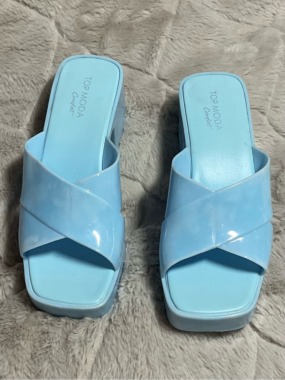 TOP Moda Comfort Light Blue Jelly Platform Block Heel Slide Sandals Size 8